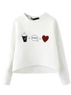 Shein White Round Neck Drink Heart Print Crop Sweatshirt