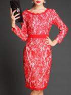 Shein Red Round Neck Long Sleeve Lace Dress