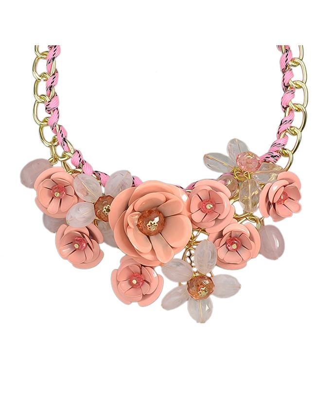 Shein Pink Resin Rhinestone Statement Flower Necklace