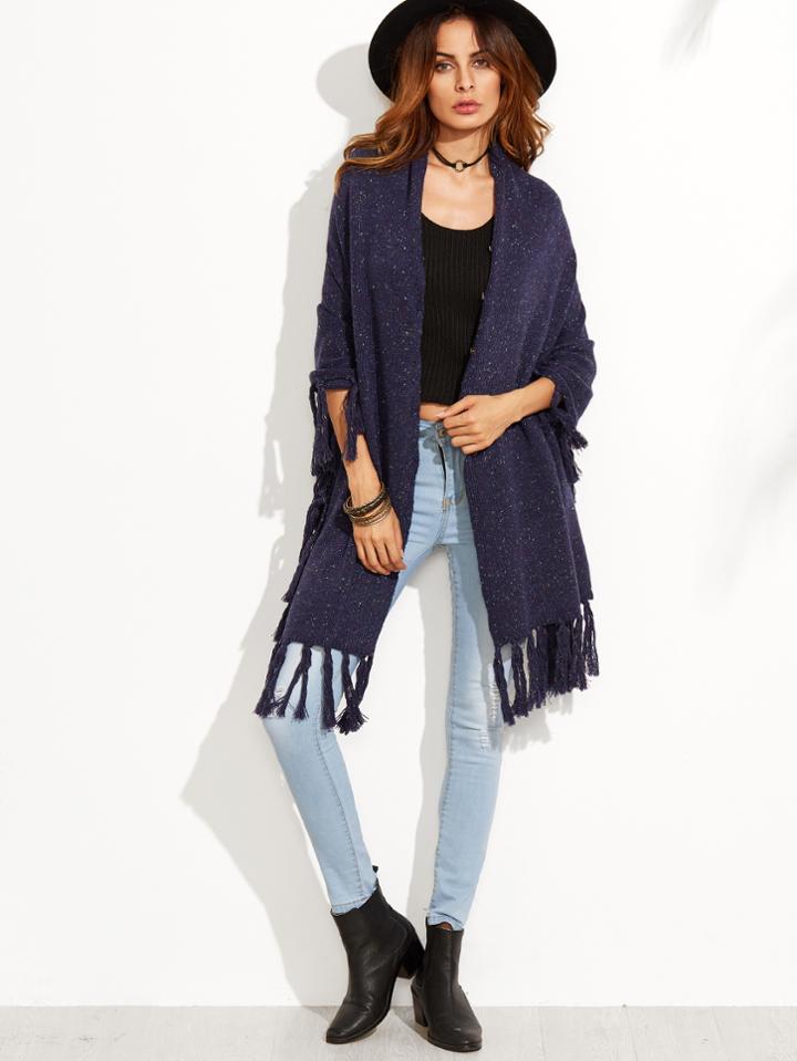 Shein Navy Button Front Fringe Trim Fleck Poncho Cardigan