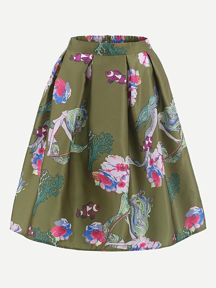 Shein Army Green Mermaids Print Box Pleated Skirt