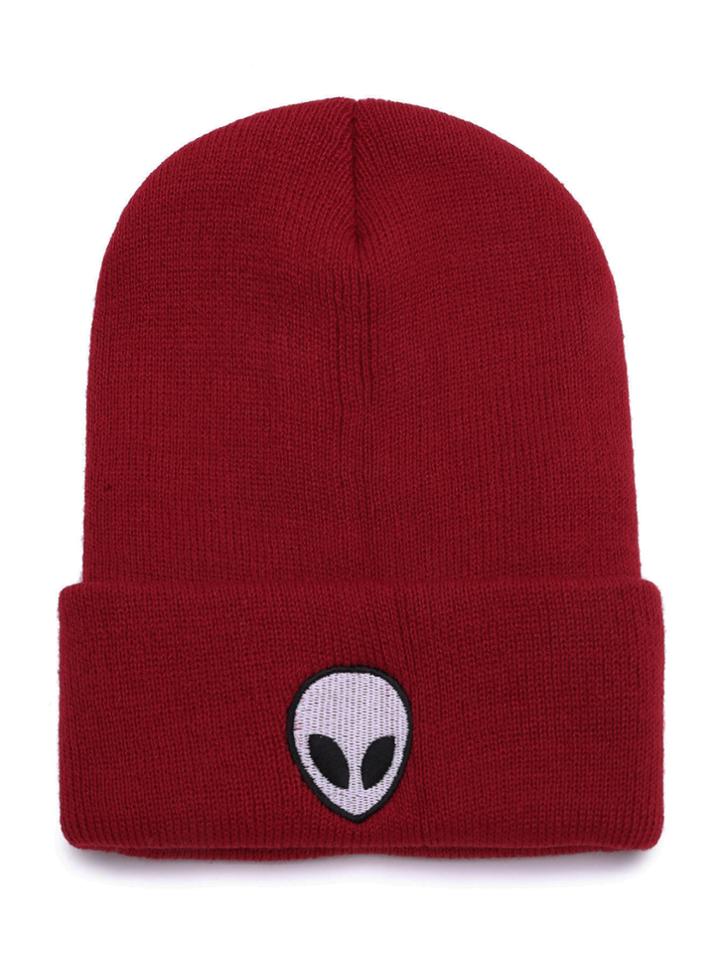Shein Burgundy Alien Embroidered Funny Beanie Hat