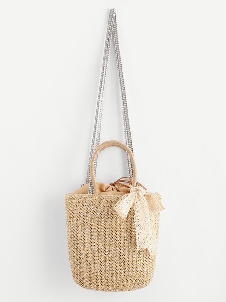 Shein Drawstring Straw Shoulder Bag With Lace Bow