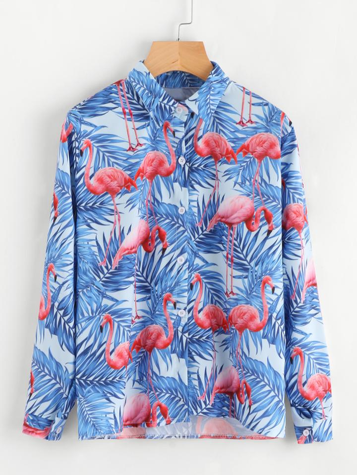 Shein Flamingo & Jungle Print Shirt