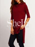 Shein Burgundy Hooded Side Slit Dip Hem T-shirt