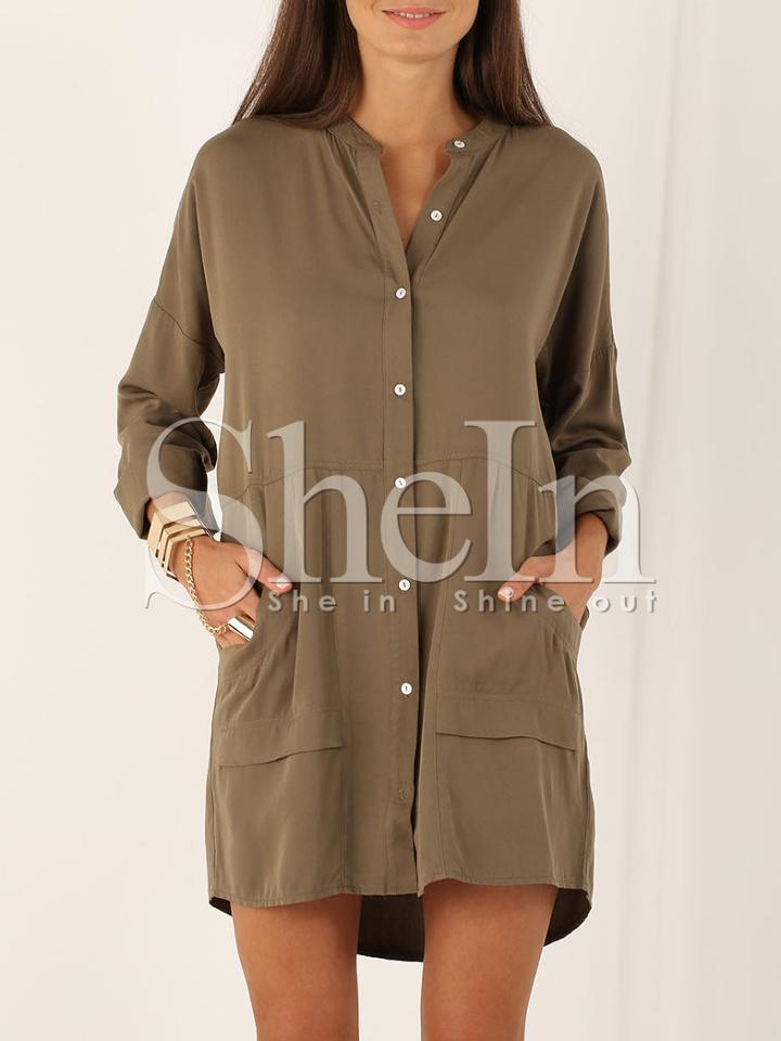 Shein Khaki Long Sleeve Pockets Dress