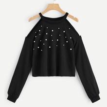 Shein Cold Shoulder Pearl Embellished Pullover