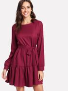 Shein Self Belt Ruffle Hem Long Sleeve Dress