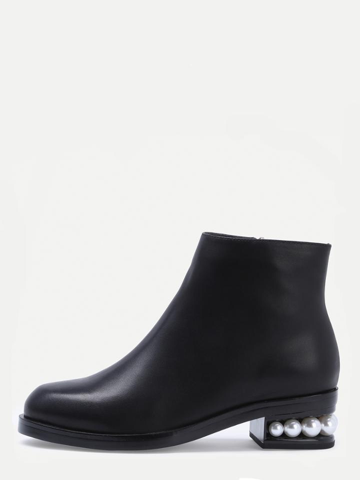 Shein Black Faux Leather Side Zipper Pearl Heel Ankle Boots