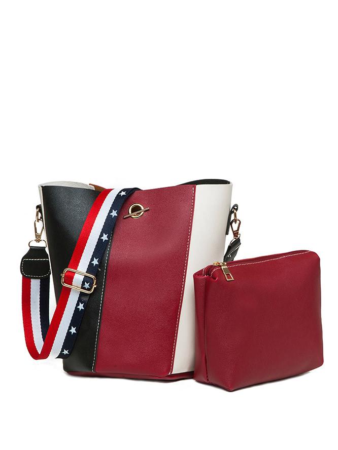 Shein Color Block Pu Shoulder Bag With Clutch