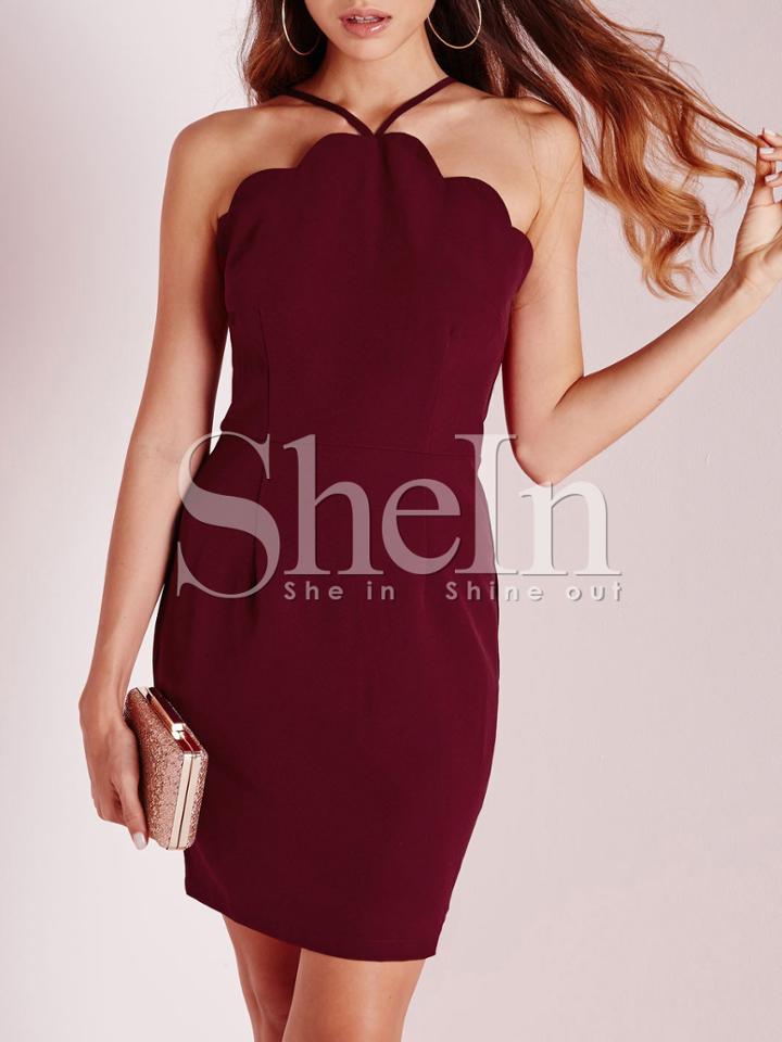 Shein Burgundy Spaghetti Strap Scallop Sheath Dress