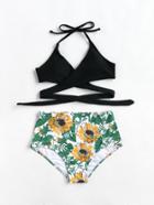Shein Botanical Print High Rise Wrap Bikini Set