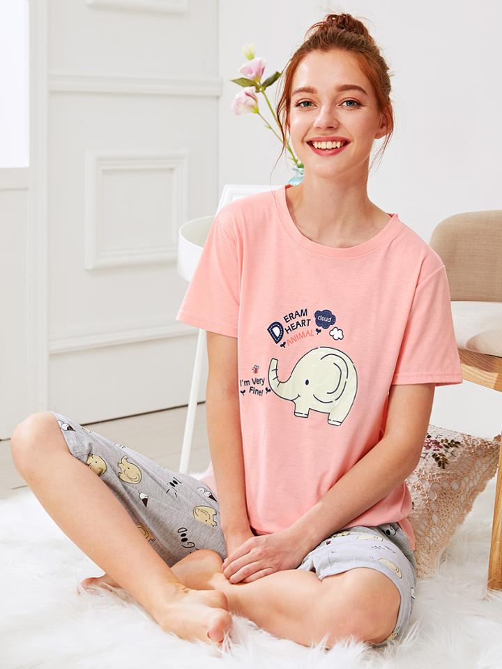 Shein Elephant Print Tee & Pants Pj Set
