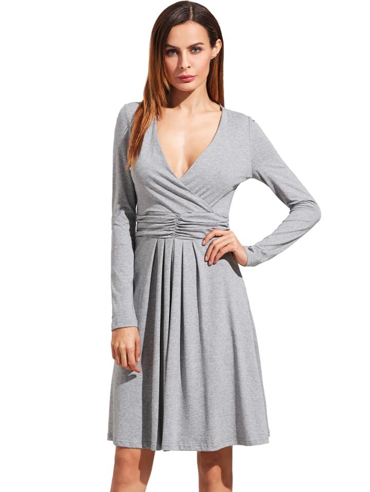 Shein Grey V Neck Long Sleeve Ruched Dress