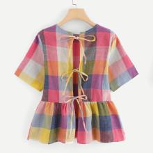Shein Knot Back Plaid Blouse