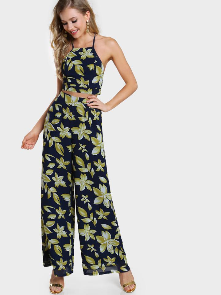 Shein Leaf Print Crisscross Tie Back Cami And Culotte Pants Co-ord