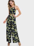Shein Leaf Print Crisscross Tie Back Cami And Culotte Pants Co-ord