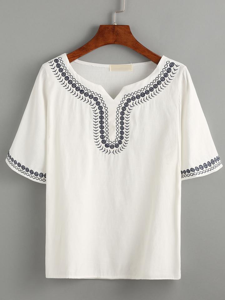 Shein White V Cut Embroidered Shirt