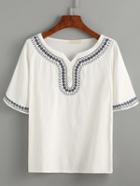 Shein White V Cut Embroidered Shirt