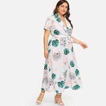 Shein Plus Notched Collar Palm Leaf Print Dress