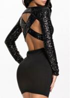 Rosewe Cutout Back Black Sequin Embellished Mini Dress