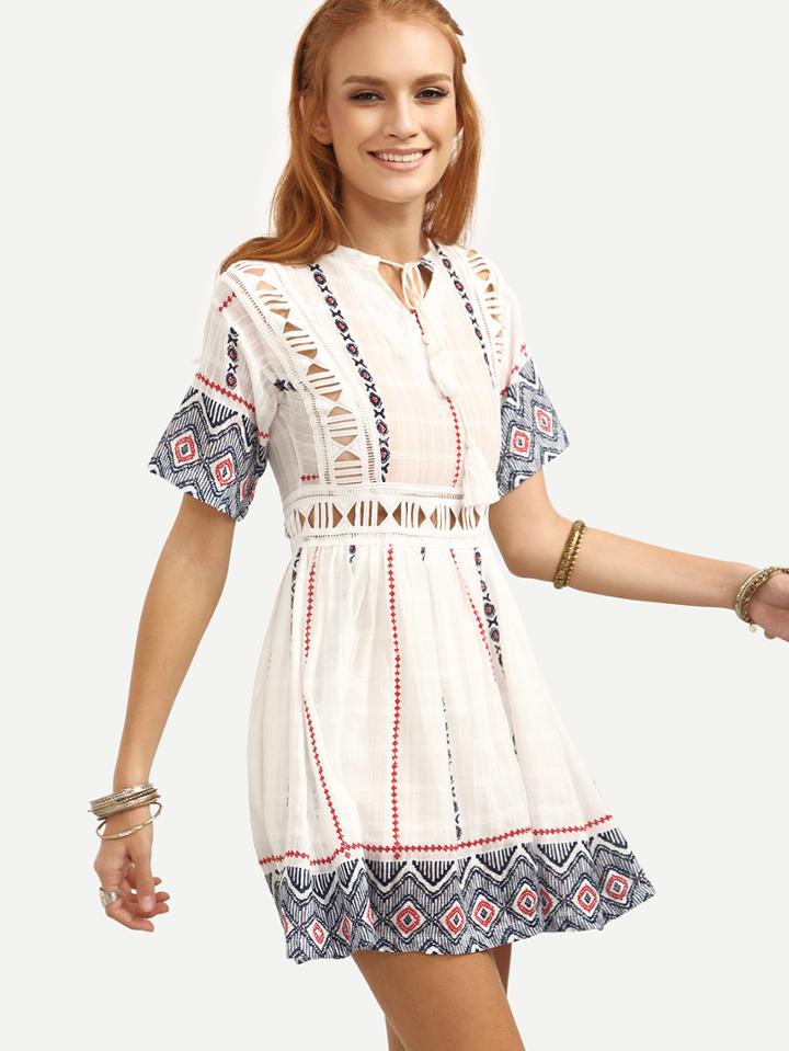 Shein Tassel-tie Cutout Tribal Print Peasant Dress - White