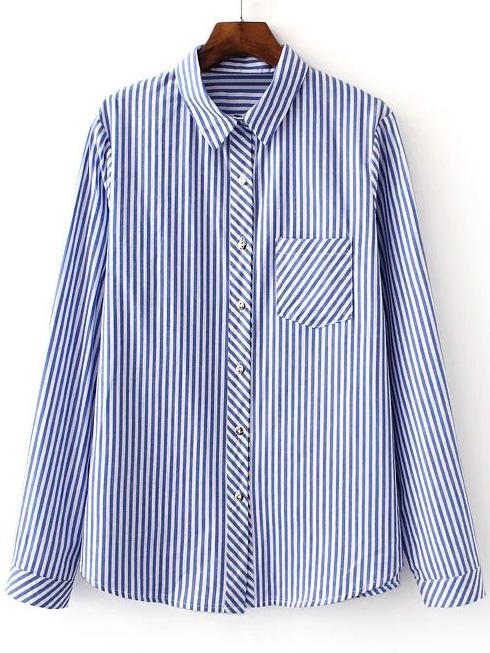 Shein Multicolor Pocket Buttons Front Stripe Blouse