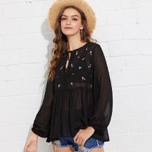Shein Embroidered Sheer Polka Dot Smock Top
