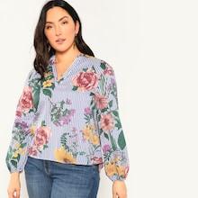 Shein Plus V-placket Floral & Striped Top