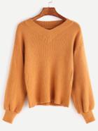 Shein Camel V Neck Drop Shoulder Ribbed Sweater