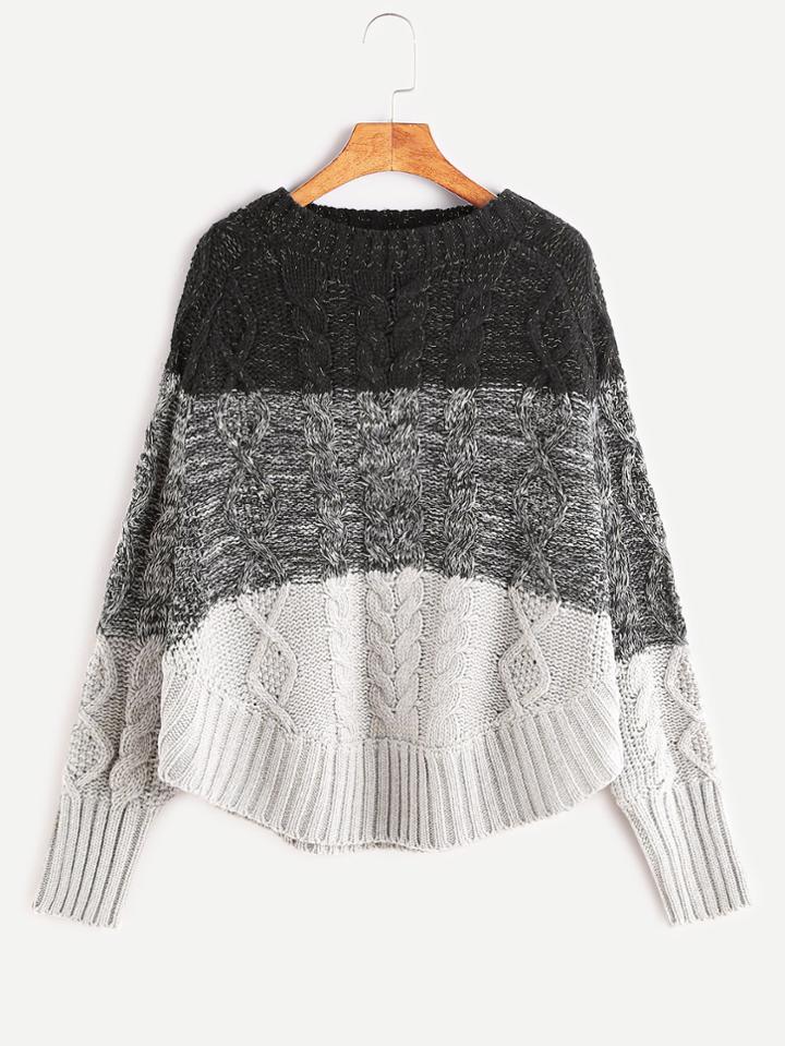 Shein Color Block Raglan Sleeve Curved Hem Cable Knit Sweater