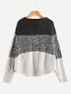 Shein Color Block Raglan Sleeve Curved Hem Cable Knit Sweater