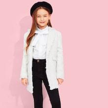 Shein Girls Button & Pocket Front Notched Neck Coat