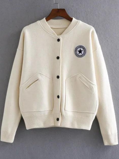 Shein Beige Varsity Embroidered Patch Knitted Bomber Jacket With Pocket