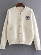 Shein Beige Varsity Embroidered Patch Knitted Bomber Jacket With Pocket