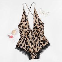 Shein Criss Cross Lace Trim Leopard Romper Bodysuit