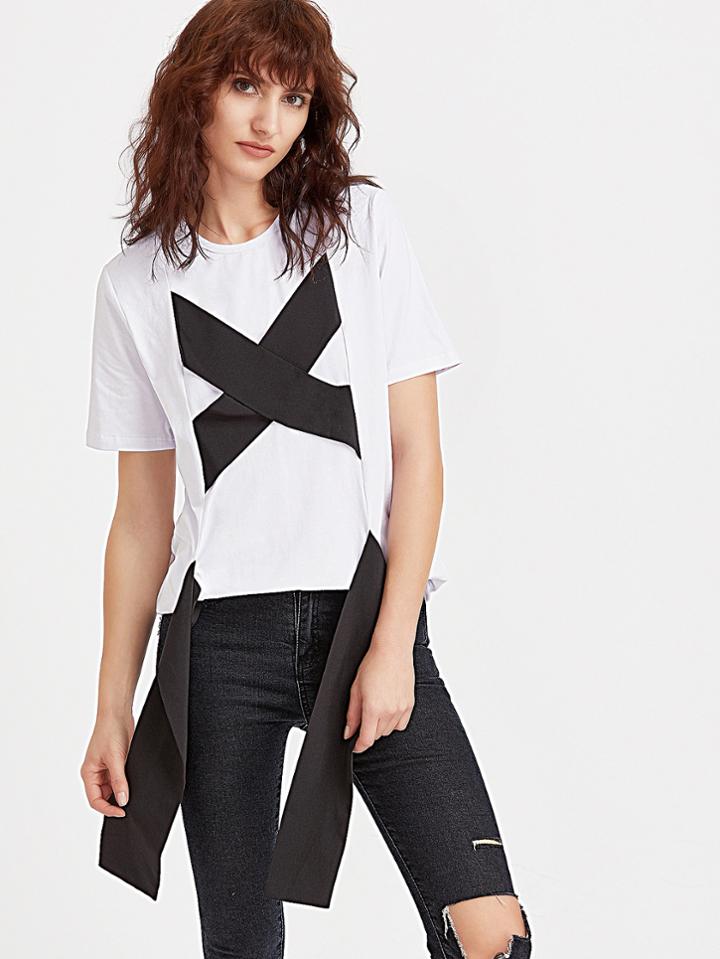Shein White Contrast Wide Crisscross Strap Front T-shirt