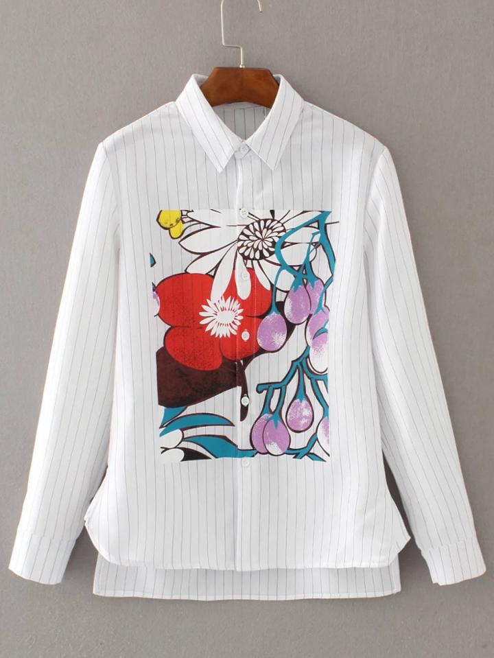 Shein White Vertical Striped Printed High Low Blouse