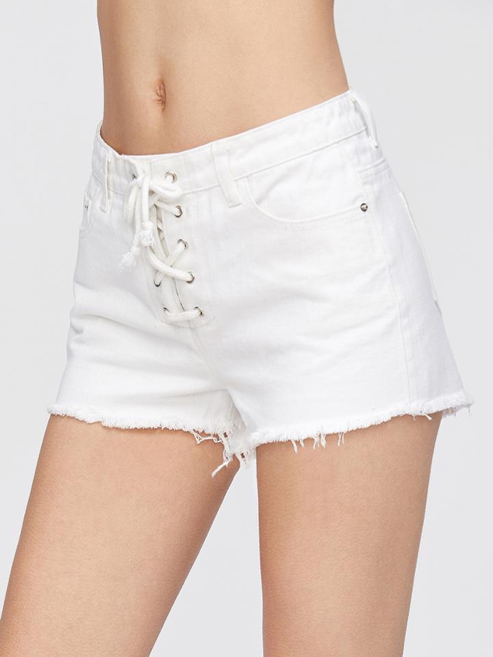 Shein Lace Up Frayed Denim Shorts