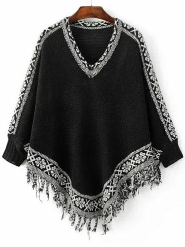 Shein Black Tribal Pattern Fringe Cape Sweater