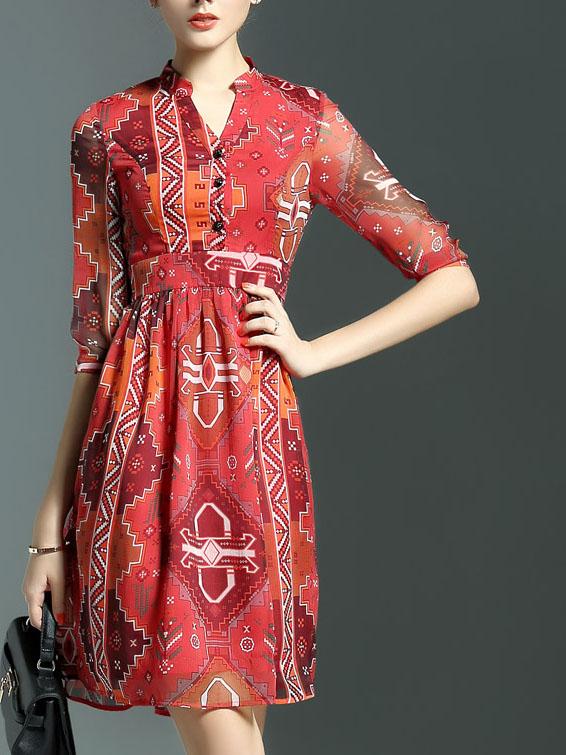 Shein Red Stand Collar Half Sleeve Floral Dress