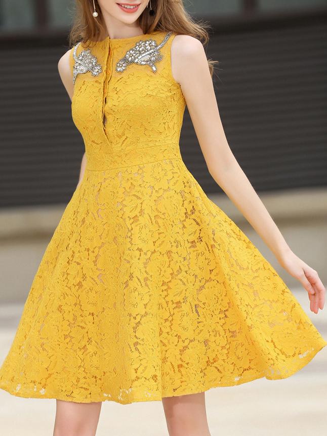 Shein Beading Pockets Lace Dress