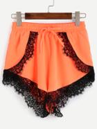 Shein Orange Contrast Lace Trim Elastic Waist Loose Shorts