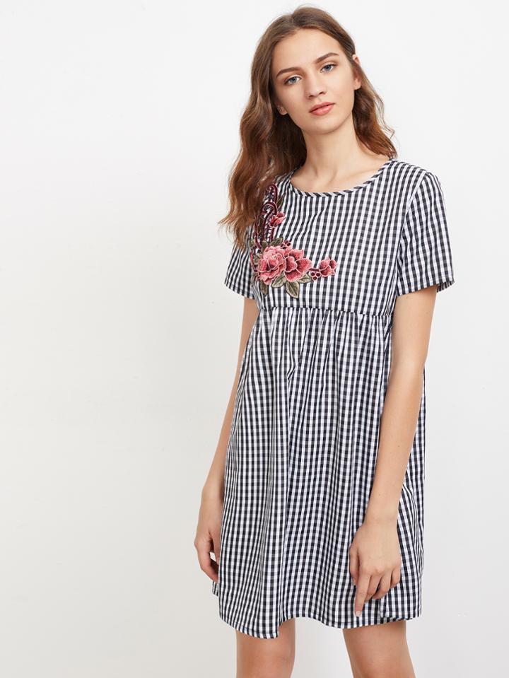 Shein 3d Flower Patch Gingham Smock Dress
