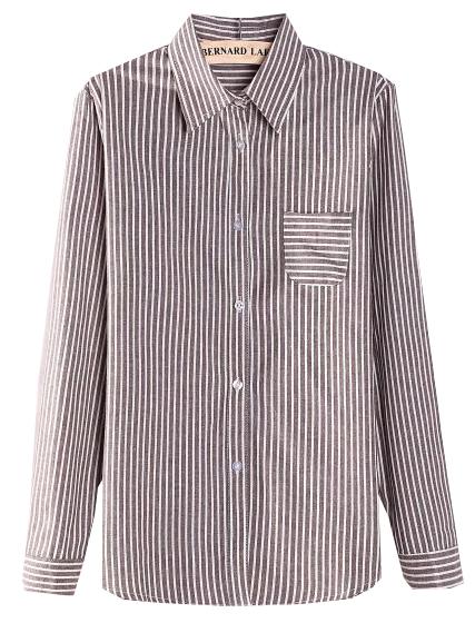 Shein Brown Lapel Vertical Stripe Pocket Blouse