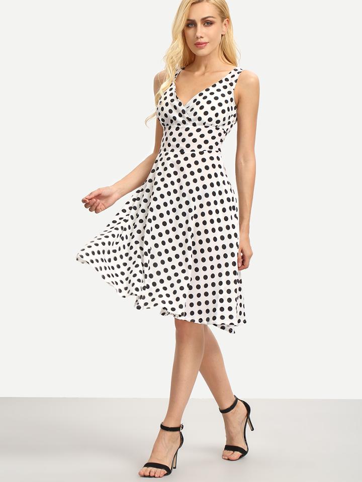 Shein Surplice Front Sleeveless Polka Dot Print Dress