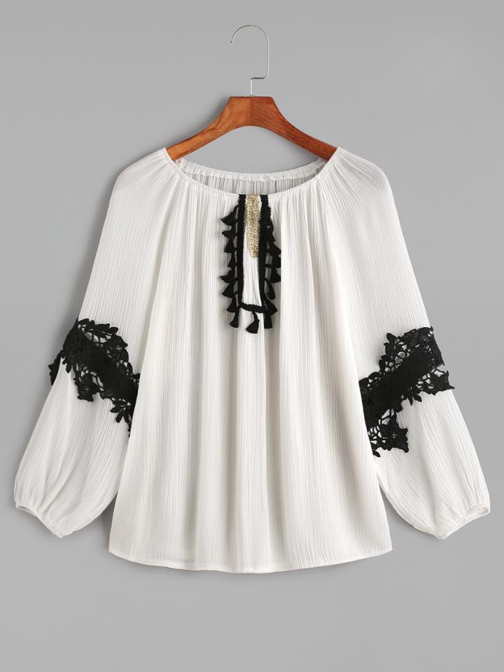 Shein White Contrast Crochet Trim Fringe Blouse