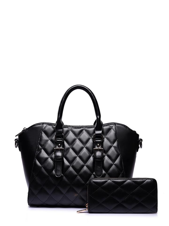 Shein Double Buckle Quilted Tote Bag With Purse