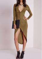 Rosewe Long Sleeve Ruched Plunging Neck Asymmetric Dress