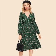 Shein V Neck Floral And Grid Dress